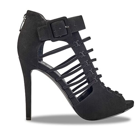 Size 8 G By GUESS Black 4" Stilettos High Heels Faux Suede Caged Ankle Booties - Picture 1 of 9